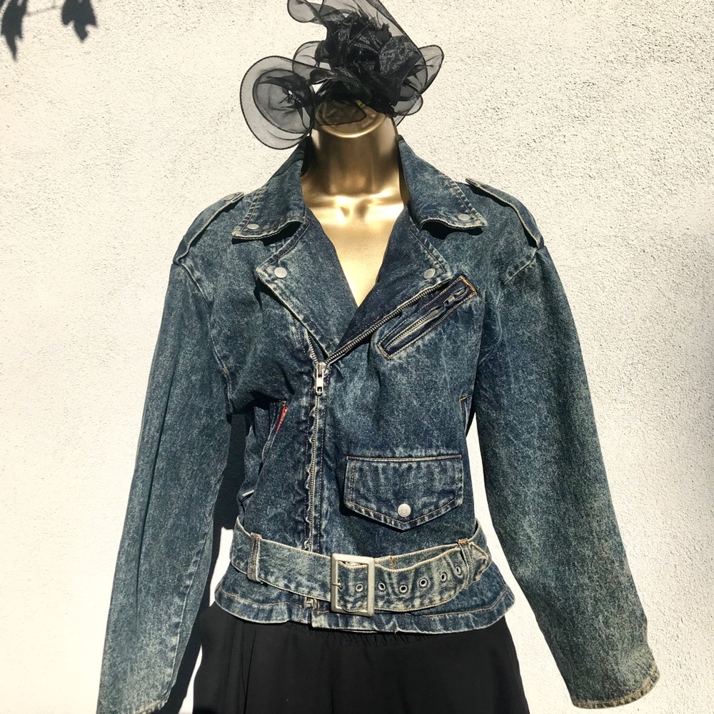 Jordache Vintage Jean Jacket 80s Acid Blue Denim Waist Belt Zipper & Snaps Sz S
